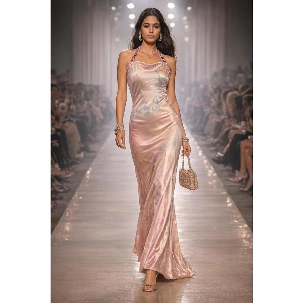 Vintage Y2K "Deadstock" Luxe Pink Silk Halter Gown Runway Couture Backless Fit 6